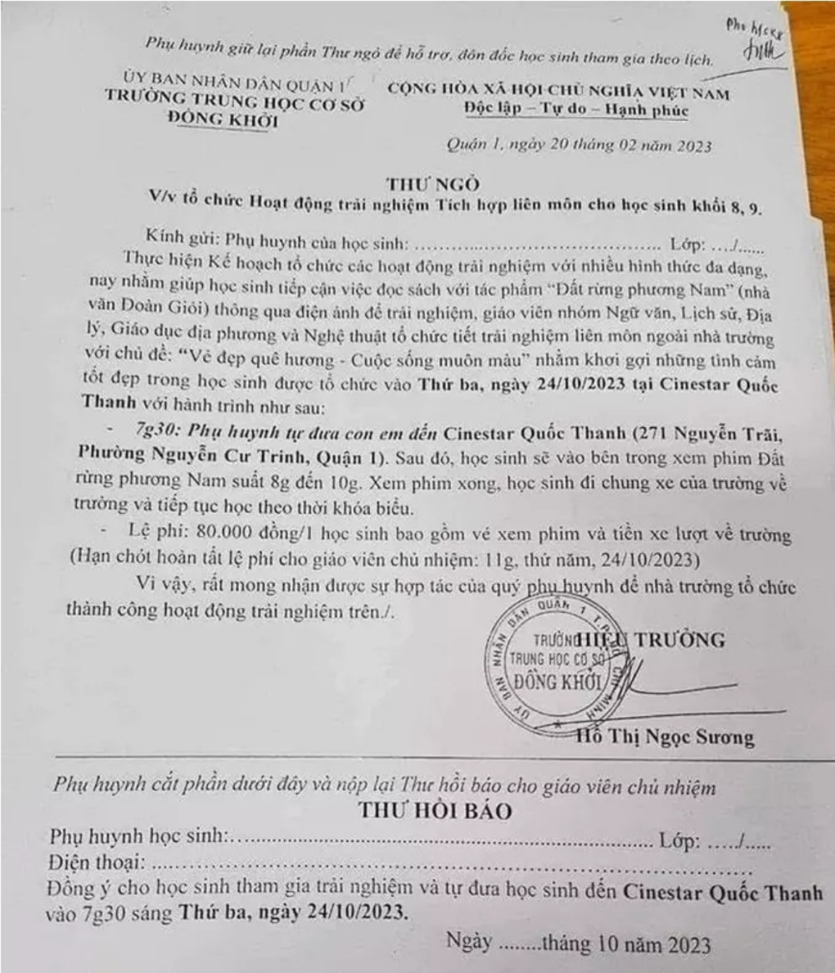 Nhà trường nhận trách nhiệm, thu hồi thư ngỏ vận động học sinh xem "Đất rừng Phương Nam" - Ảnh 2. Nhà trường nhận trách nhiệm, thu hồi thư ngỏ vận động học sinh xem "Đất rừng Phương Nam" - Ảnh 2.