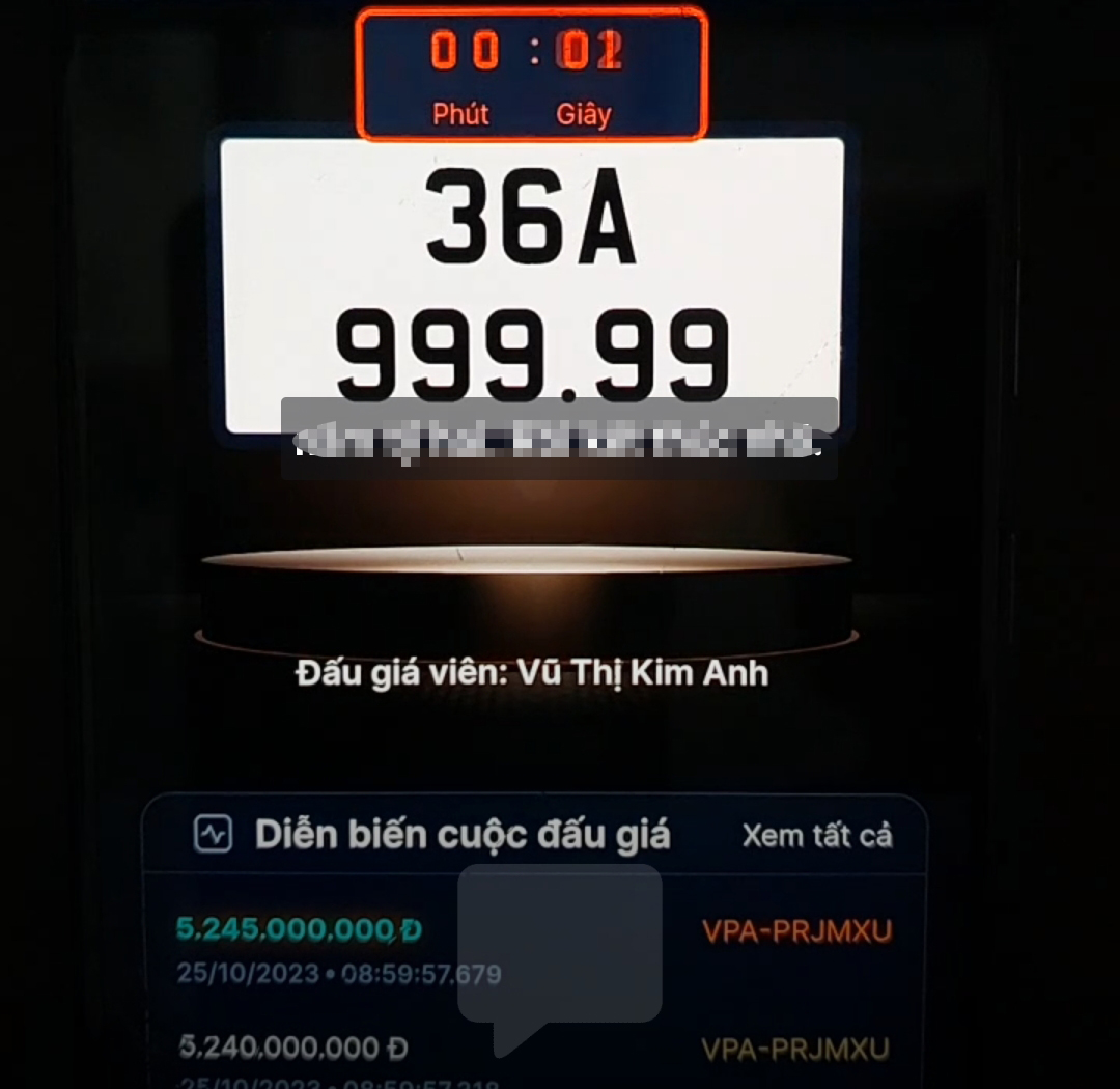 Biển số 36A-999.99 trúng 5,285 tỷ đồng khi đấu giá lại - Ảnh 1. Biển số 36A-999.99 trúng 5,285 tỷ đồng khi đấu giá lại - Ảnh 1.