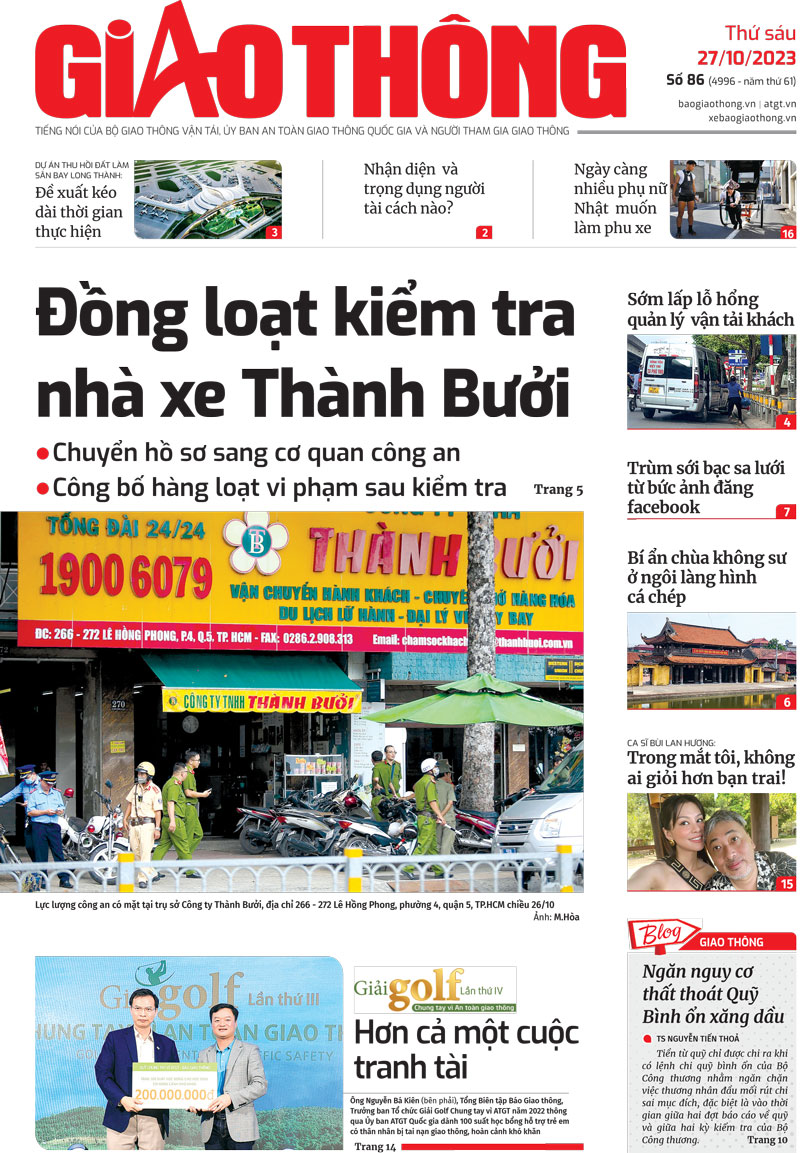 Trang nhất B&aacute;o Giao th&ocirc;ng số 86 ra ng&agrave;y 27/10/2023.