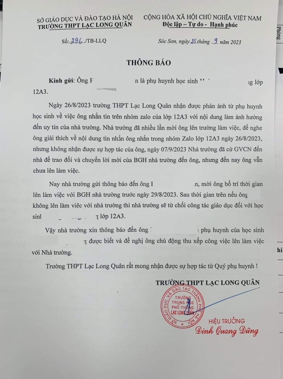 Việc đ&igrave;nh chỉ học học sinh v&igrave; phụ huynh "x&uacute;c phạm" nh&agrave; trường: Sở GD&ĐT H&agrave; Nội n&oacute;i g&igrave;?   - Ảnh 1.