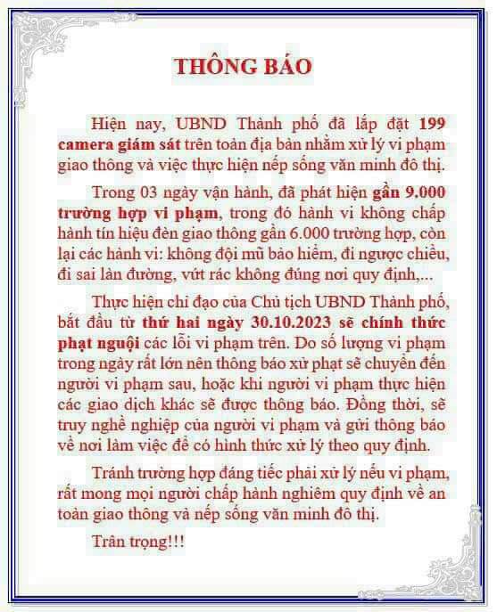 Thực hư thông báo UBND thành phố chỉ đạo phạt nguội qua camera từ 30/10 - Ảnh 1. Thực hư thông báo UBND thành phố chỉ đạo phạt nguội qua camera từ 30/10 - Ảnh 1.