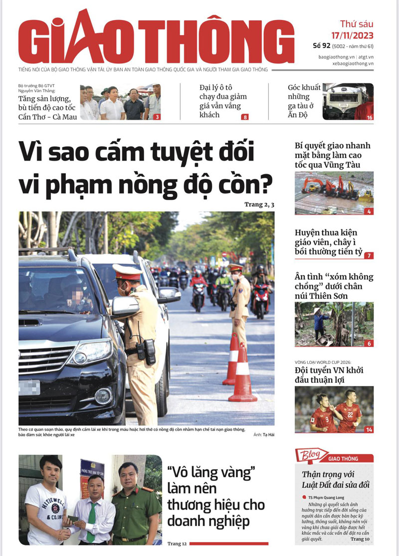 Trang nhất B&aacute;o Giao th&ocirc;ng số 92 ra ng&agrave;y 17/11/2023.