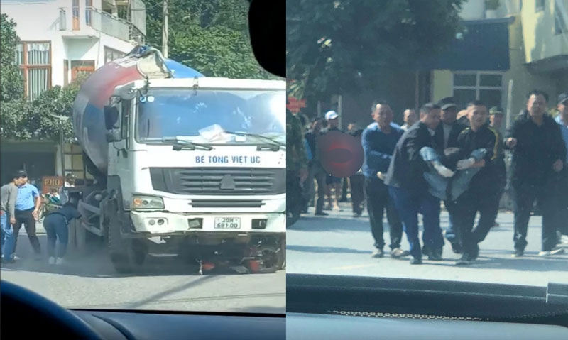 Người d&acirc;n c&ugrave;ng nhau đưa nạn nh&acirc;n bị thương từ gầm xe b&ecirc; t&ocirc;ng ra ngo&agrave;i, đưa đi cấp cứu.