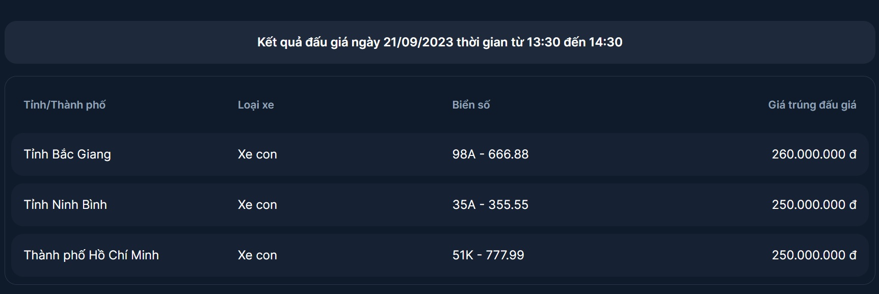 Đấu gi&aacute; biển số chiều 21/9: Ba biển đầu ti&ecirc;n đều chốt gi&aacute; dưới 300 triệu - Ảnh 1.