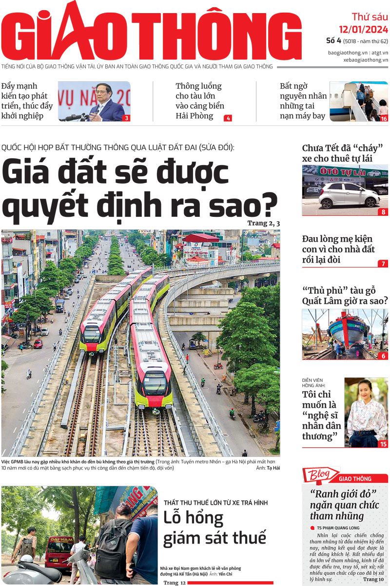 Trang nhất B&aacute;o Giao th&ocirc;ng số 4 ra ng&agrave;y 12/1/2024.