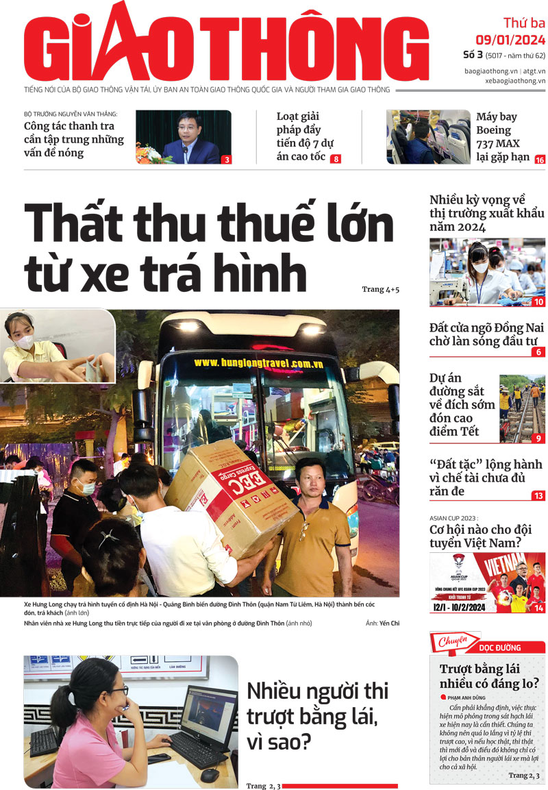 Trang nhất B&aacute;o Giao th&ocirc;ng số 3 ra ng&agrave;y 9/1/2024.