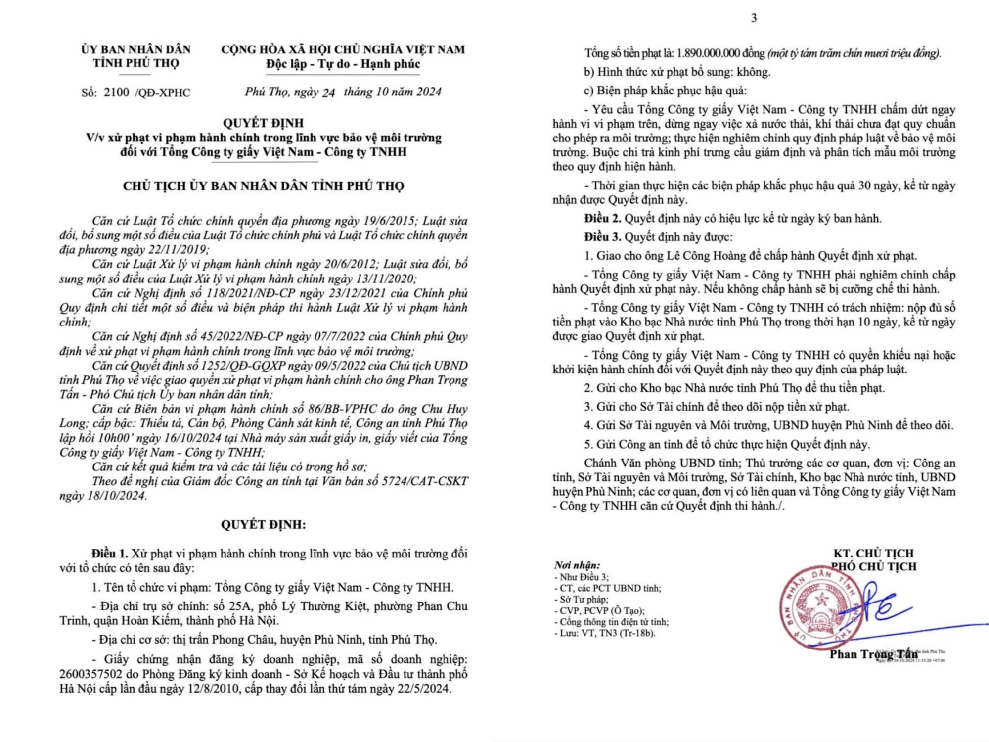 Ph&uacute; Thọ: Tổng c&ocirc;ng ty Giấy Việt Nam bị phạt gần 2 tỷ đồng- Ảnh 2.