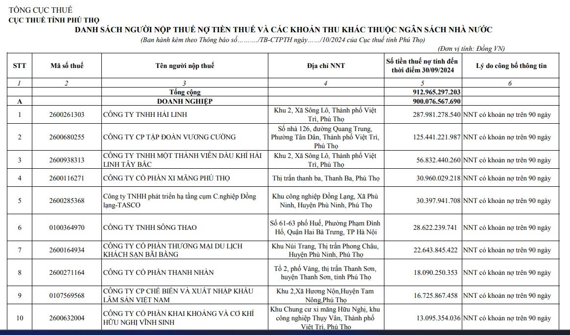 Xăng dầu Hải Linh đứng đầu danh s&aacute;ch nợ thuế của tỉnh Ph&uacute; Thọ- Ảnh 2.