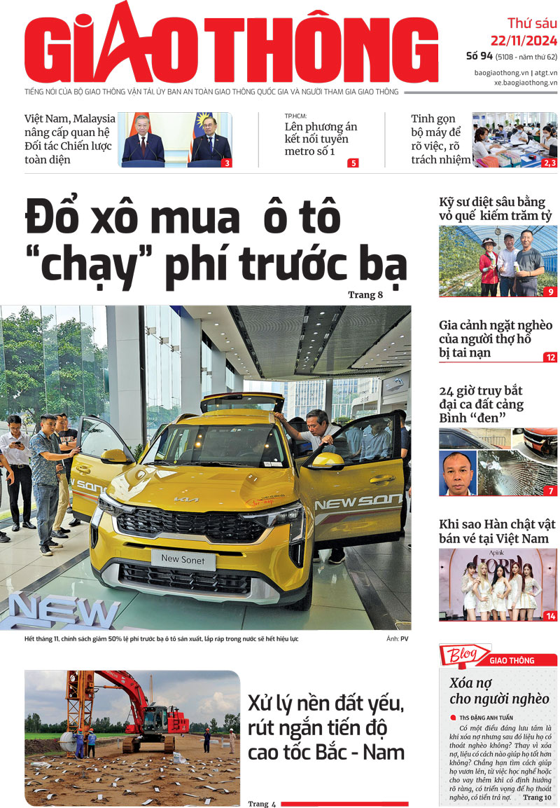 Trang nhất B&aacute;o Giao th&ocirc;ng số 94 ra ng&agrave;y 22/11/2024.