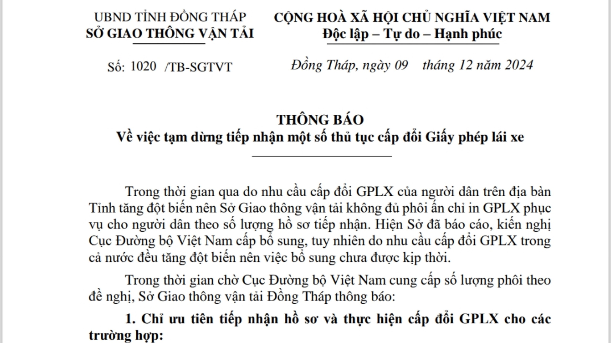 Đồng Th&aacute;p: Tạm ngưng tiếp nhận một số thủ tục cấp đổi giấy ph&eacute;p l&aacute;i xe- Ảnh 1.