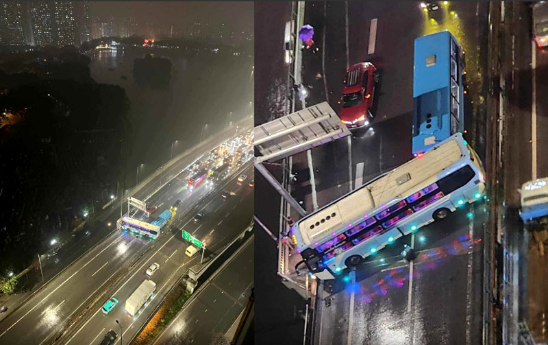 Hiện trường vụ tai nạn khiến đường Vành đai 3 trên cao ùn tắc kéo dài. Hiện trường vụ tai nạn khiến đường Vành đai 3 trên cao ùn tắc kéo dài.