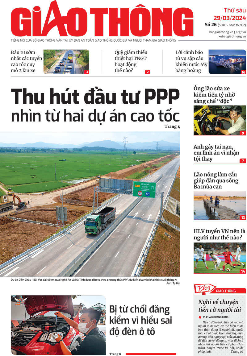 Trang nhất B&aacute;o Giao th&ocirc;ng số 26 ra ng&agrave;y 29/3/2024.