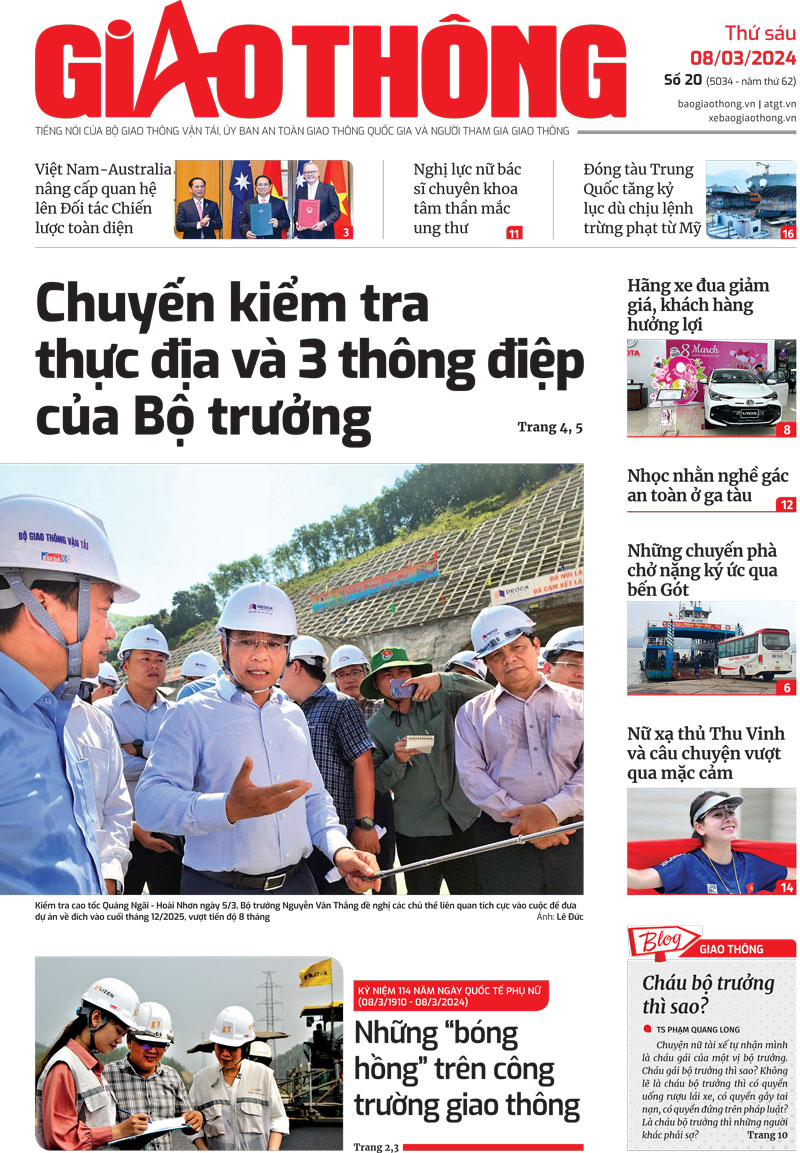 Trang nhất B&aacute;o Giao th&ocirc;ng số 20 ra ng&agrave;y 8/3/2024.