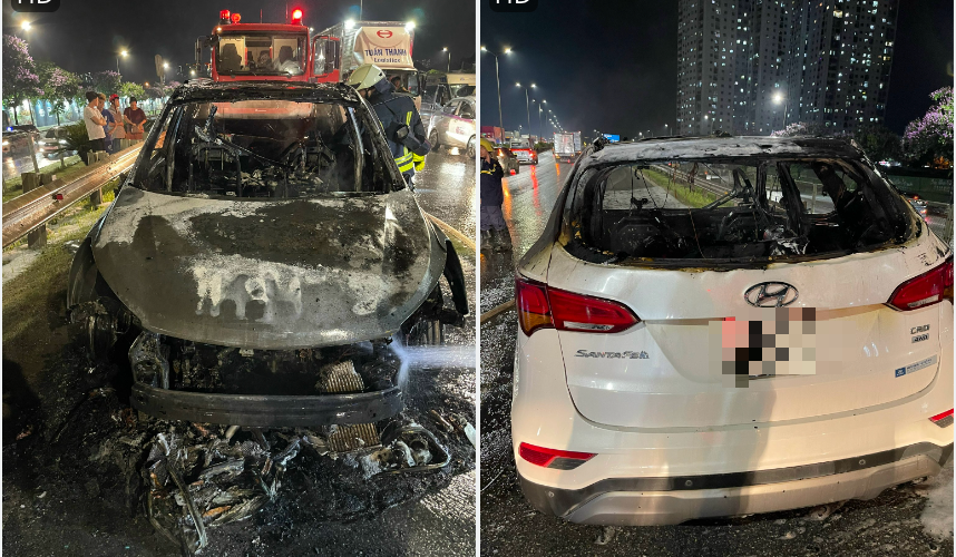 &Ocirc; t&ocirc; bốc ch&aacute;y dưới mưa to tr&ecirc;n đường V&agrave;nh đai 3- Ảnh 1.