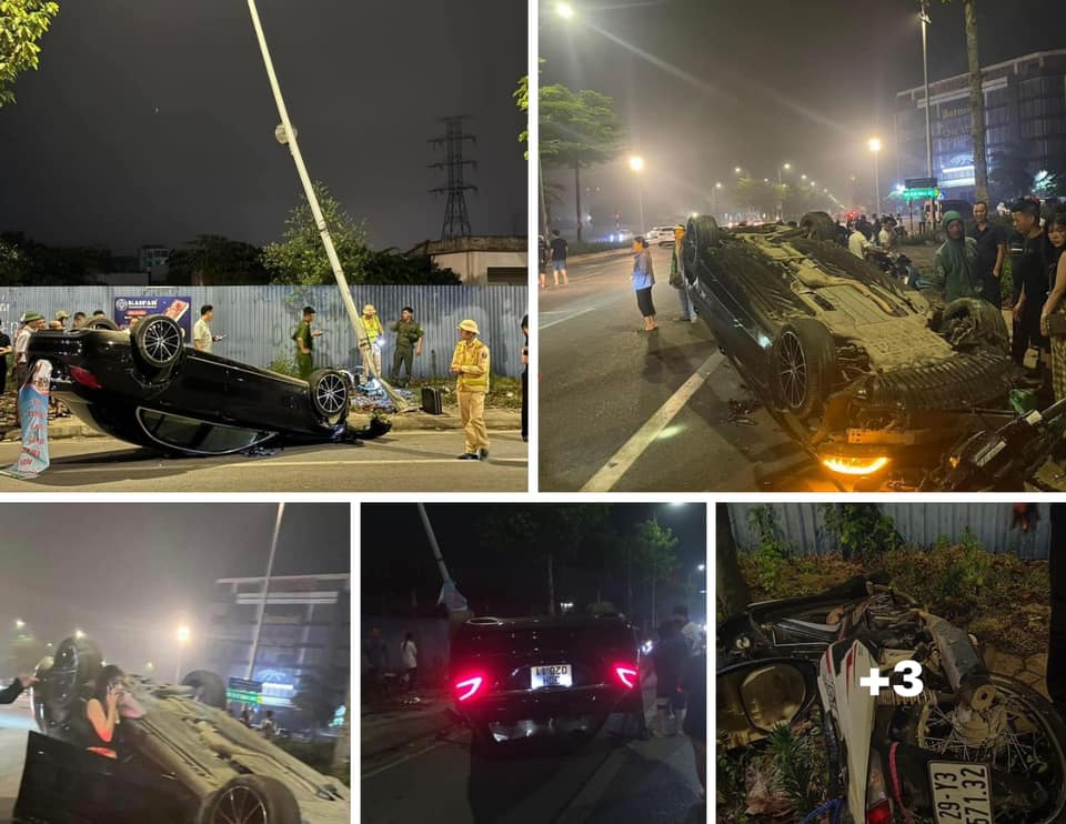 &Ocirc; t&ocirc; Mercedes "phơi bụng" sau va chạm với xe m&aacute;y ở H&agrave; Nội- Ảnh 1.