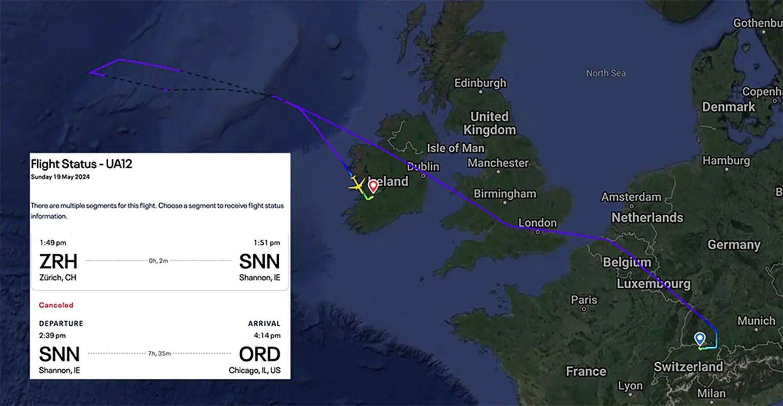 Chiếc Boeing 767 khởi h&agrave;nh từ Zurich đi Chicago đ&atilde; bay được khoảng 800km giữa v&ugrave;ng biển Đại T&acirc;y Dương, trước khi quay đầu v&agrave; hạ c&aacute;nh xuống Ireland. (Ảnh: Flight Radar 24)