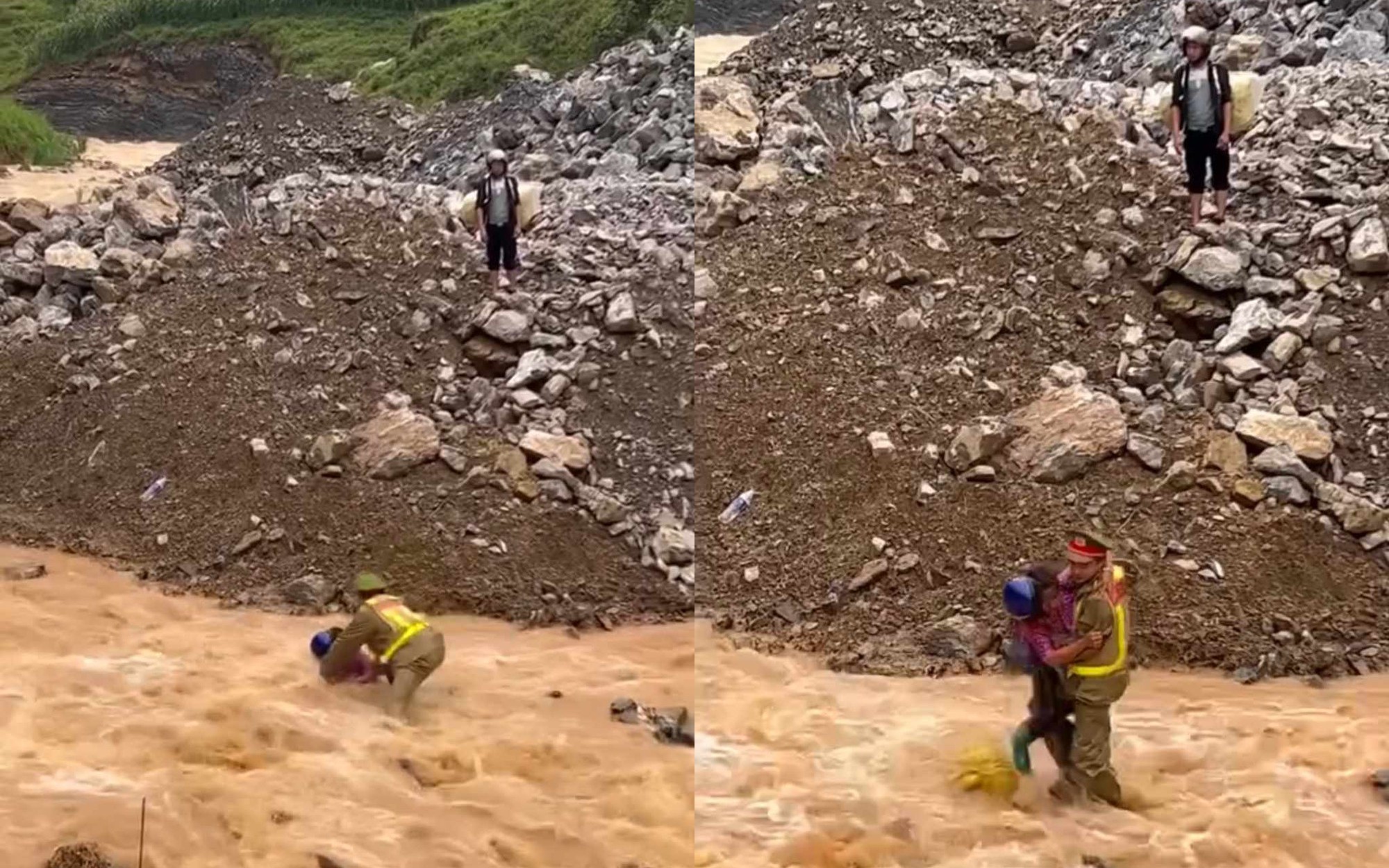 Khoảnh khắc thượng &uacute;y c&ocirc;ng an lao v&agrave;o d&ograve;ng nước lũ cứu một gia đ&igrave;nh ở H&agrave; Giang