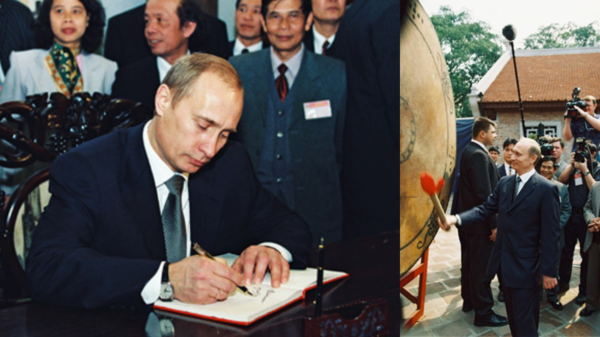 Tổng thống Putin cũng gh&eacute; thăm nhiều địa điểm ở Việt Nam v&agrave;o năm 2001, trong đ&oacute; c&oacute; di t&iacute;ch Văn Miếu - Quốc Tử Gi&aacute;m ở H&agrave; Nội. Tại Văn Miếu - Quốc Tử Gi&aacute;m, &ocirc;ng đ&atilde; gi&oacute;ng trống v&agrave; viết sổ lưu niệm. (Ảnh: Kremlin.ru)