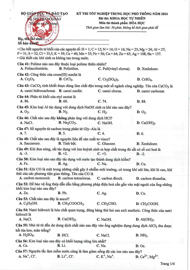 Đáp án đề thi môn Hóa học mã đề 222 tốt nghiệp THPT 2024- Ảnh 2. Đáp án đề thi môn Hóa học mã đề 222 tốt nghiệp THPT 2024- Ảnh 2.