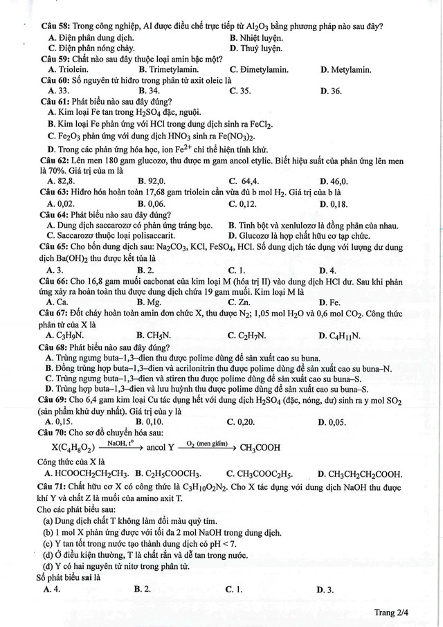 Đáp án đề thi môn Hóa học mã đề 222 tốt nghiệp THPT 2024- Ảnh 3. Đáp án đề thi môn Hóa học mã đề 222 tốt nghiệp THPT 2024- Ảnh 3.
