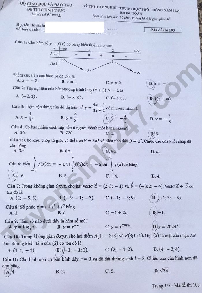 Đề thi m&ocirc;n To&aacute;n THPT 2024 tất cả 24 m&atilde; đề nhanh nhất- Ảnh 6.