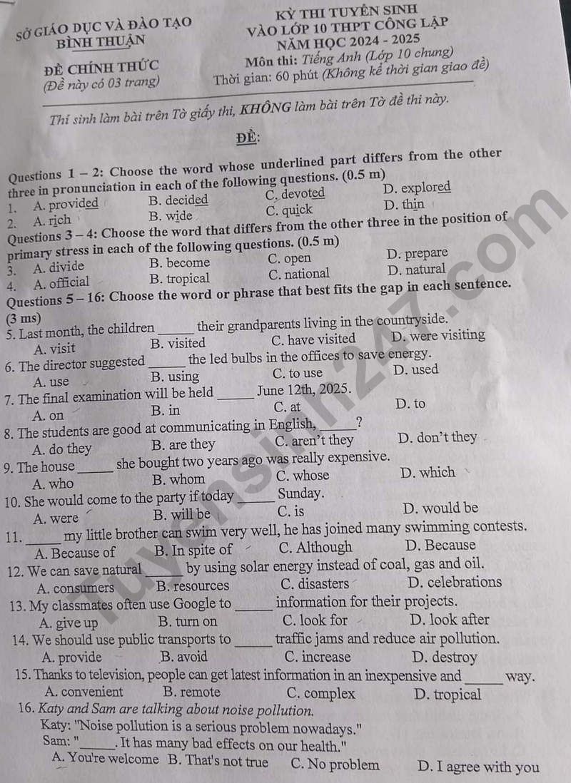 Đáp án đề thi tuyển sinh lớp 10 môn Tiếng Anh Bình Thuận năm 2024- Ảnh 2. Đáp án đề thi tuyển sinh lớp 10 môn Tiếng Anh Bình Thuận năm 2024- Ảnh 2.
