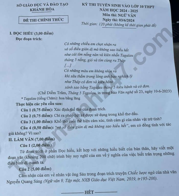 Đ&aacute;p &aacute;n đề thi tuyển sinh lớp 10 m&ocirc;n Ngữ văn tỉnh Kh&aacute;nh H&ograve;a năm 2024- Ảnh 2.