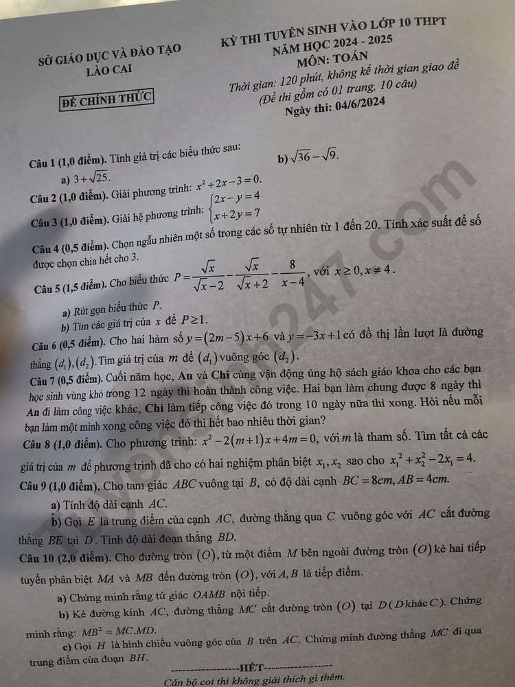 Đ&aacute;p &aacute;n đề thi tuyển sinh lớp 10 m&ocirc;n To&aacute;n L&agrave;o Cai năm 2024- Ảnh 2.