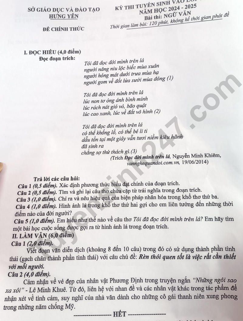 Đ&aacute;p &aacute;n đề thi tuyển sinh lớp 10 m&ocirc;n Ngữ văn Hưng Y&ecirc;n năm 2024- Ảnh 2.
