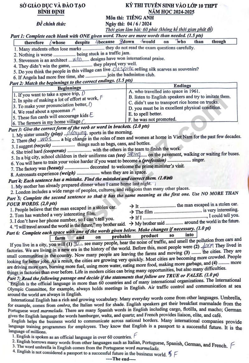 Đ&aacute;p &aacute;n đề thi tuyển sinh lớp 10 m&ocirc;n Tiếng Anh B&igrave;nh Định năm 2024- Ảnh 2.