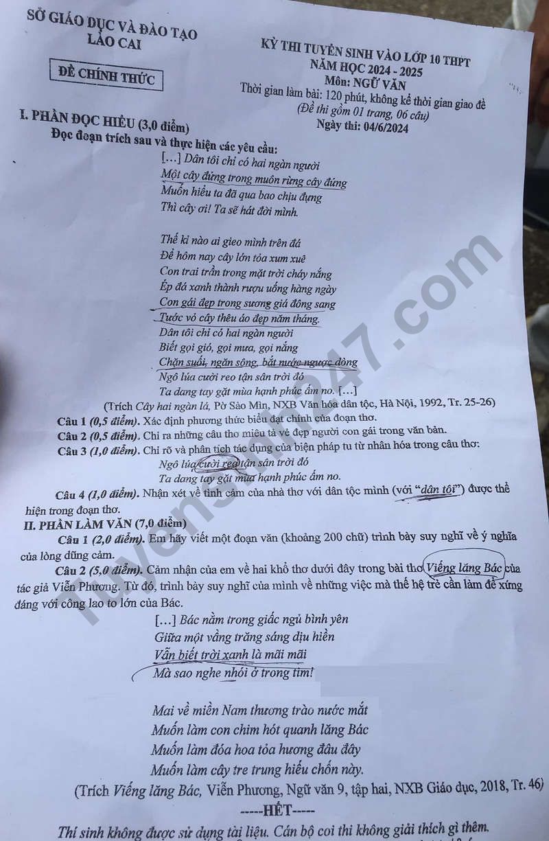 Đ&aacute;p &aacute;n đề thi tuyển sinh lớp 10 m&ocirc;n Ngữ văn L&agrave;o Cai năm 2024- Ảnh 2.