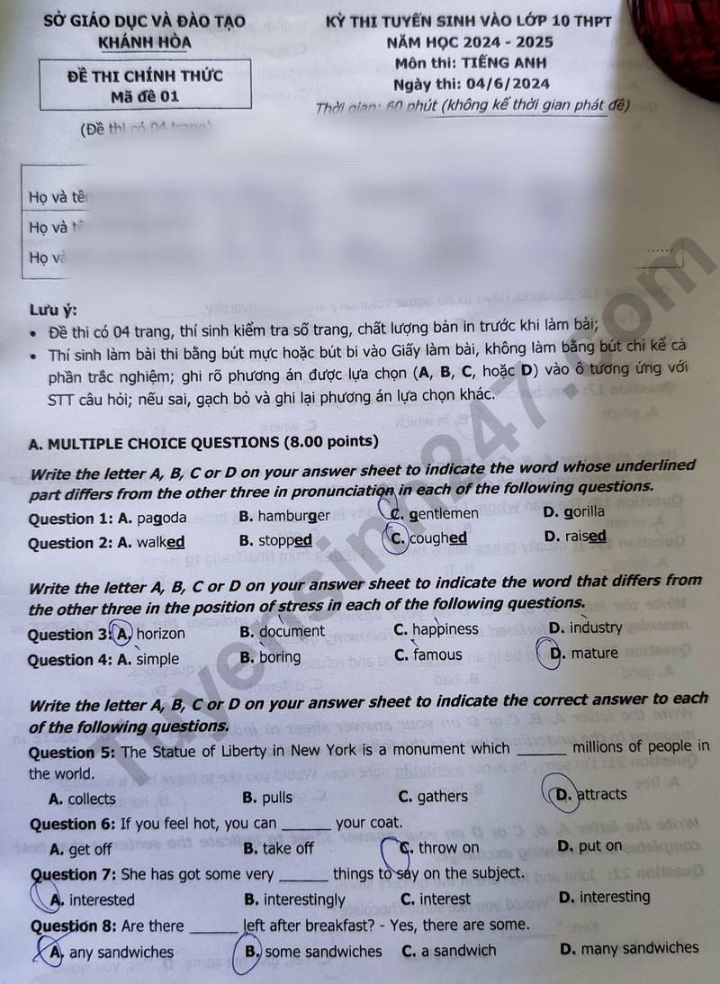 Đáp án đề thi tuyển sinh lớp 10 môn Tiếng Anh Khánh Hòa năm 2024- Ảnh 2. Đáp án đề thi tuyển sinh lớp 10 môn Tiếng Anh Khánh Hòa năm 2024- Ảnh 2.