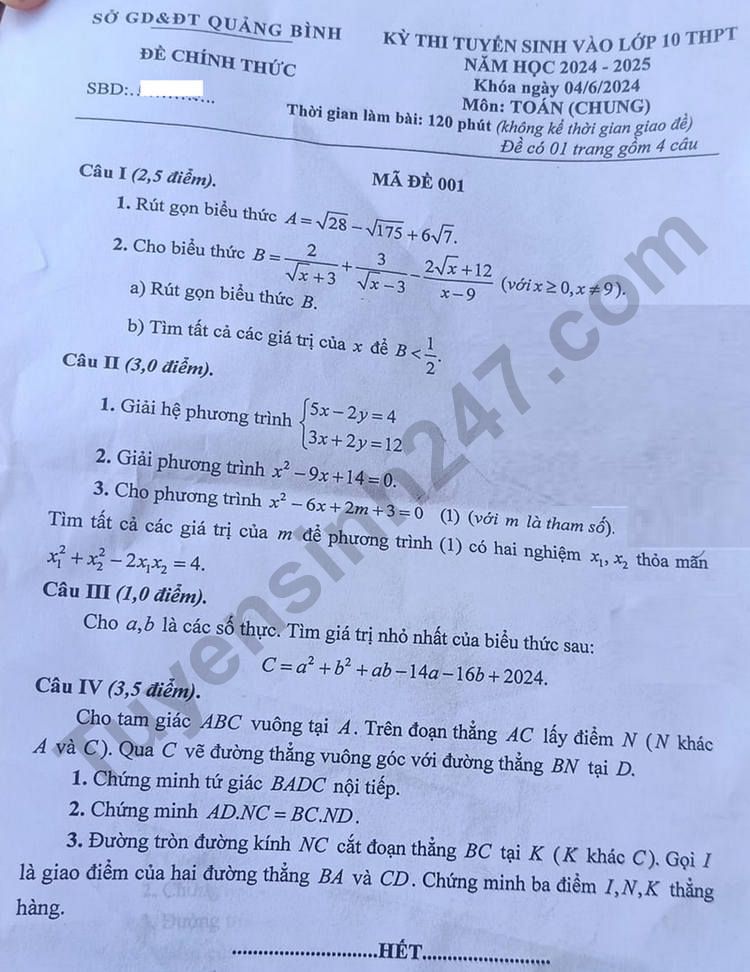 Đ&aacute;p &aacute;n đề thi tuyển sinh lớp 10 m&ocirc;n To&aacute;n Quảng B&igrave;nh năm 2024- Ảnh 2.