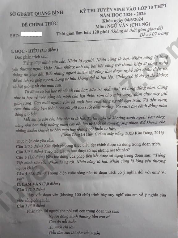 Đ&aacute;p &aacute;n đề thi tuyển sinh lớp 10 m&ocirc;n Ngữ văn Quảng B&igrave;nh năm 2024- Ảnh 2.