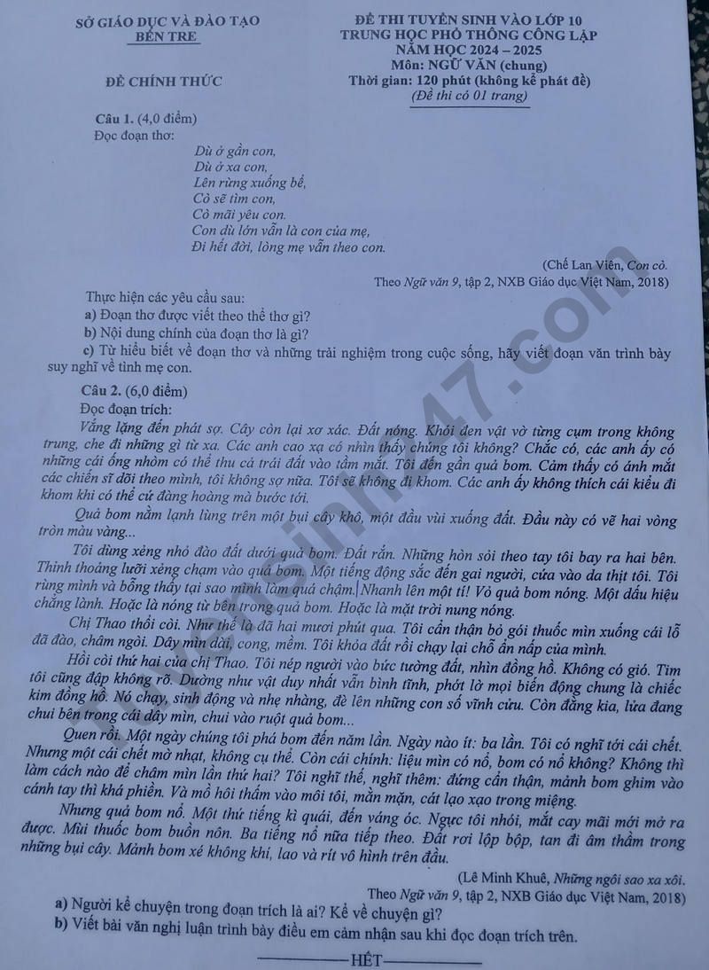 Đ&aacute;p &aacute;n đề thi tuyển sinh lớp 10 m&ocirc;n Ngữ văn Bến Tre năm 2024- Ảnh 2.