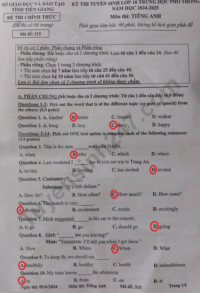 Đ&aacute;p &aacute;n đề thi tuyển sinh lớp 10 m&ocirc;n Tiếng Anh Tiền Giang năm 2024- Ảnh 2.