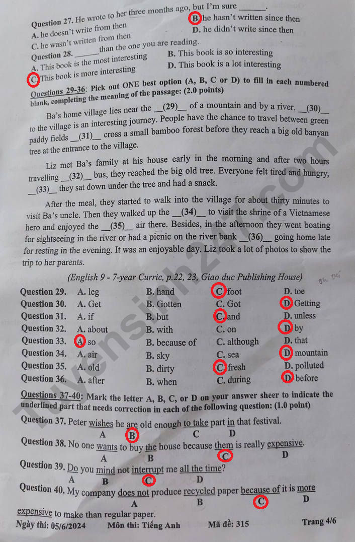 Đ&aacute;p &aacute;n đề thi tuyển sinh lớp 10 m&ocirc;n Tiếng Anh Tiền Giang năm 2024- Ảnh 5.