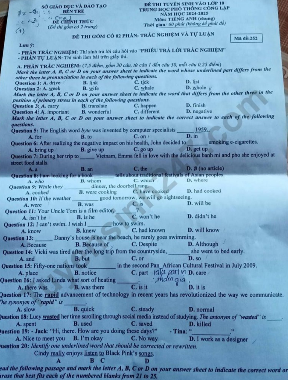 Đ&aacute;p &aacute;n đề thi tuyển sinh lớp 10 m&ocirc;n Tiếng Anh Bến Tre năm 2024- Ảnh 2.