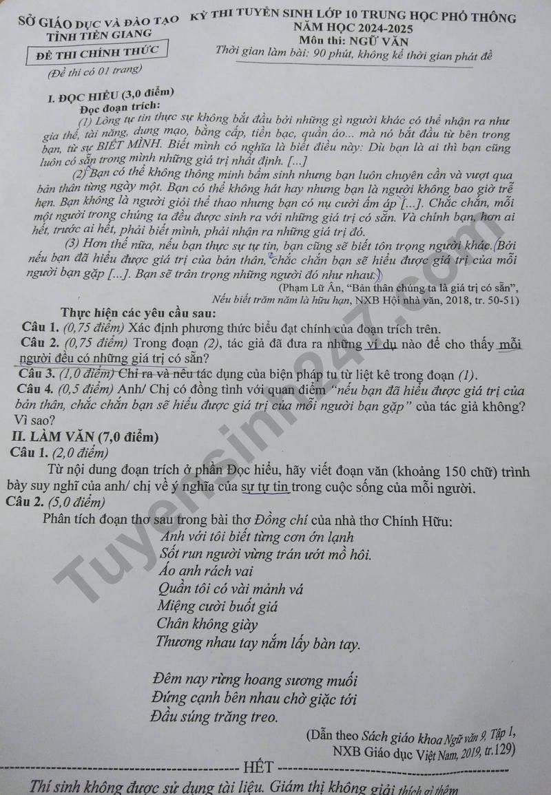 Đ&aacute;p &aacute;n đề thi tuyển sinh lớp 10 m&ocirc;n Ngữ văn Tiền Giang năm 2024- Ảnh 2.