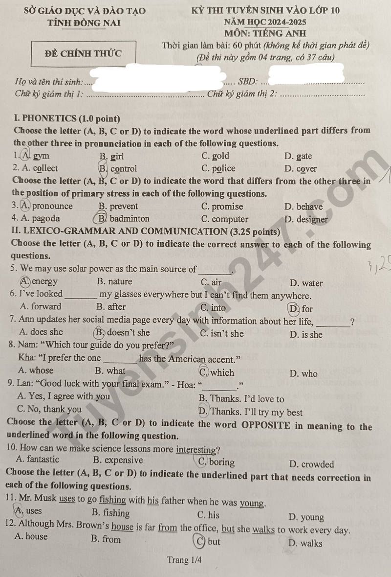Đáp án đề thi tuyển sinh lớp 10 môn Tiếng Anh Đồng Nai năm 2024- Ảnh 2. Đáp án đề thi tuyển sinh lớp 10 môn Tiếng Anh Đồng Nai năm 2024- Ảnh 2.