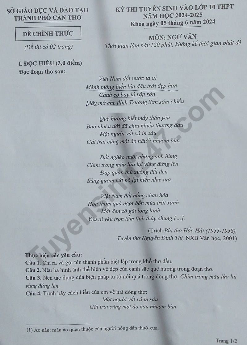Đáp án đề thi tuyển sinh lớp 10 môn Ngữ văn Cần Thơ năm 2024- Ảnh 2. Đáp án đề thi tuyển sinh lớp 10 môn Ngữ văn Cần Thơ năm 2024- Ảnh 2.