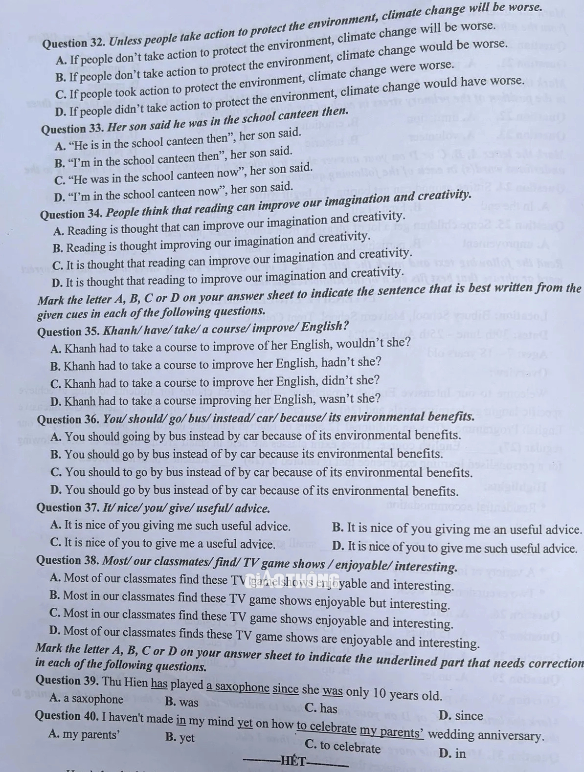 Đ&aacute;p &aacute;n đề thi tuyển sinh lớp 10 m&ocirc;n Tiếng Anh H&agrave; Nội năm 2024- Ảnh 29.
