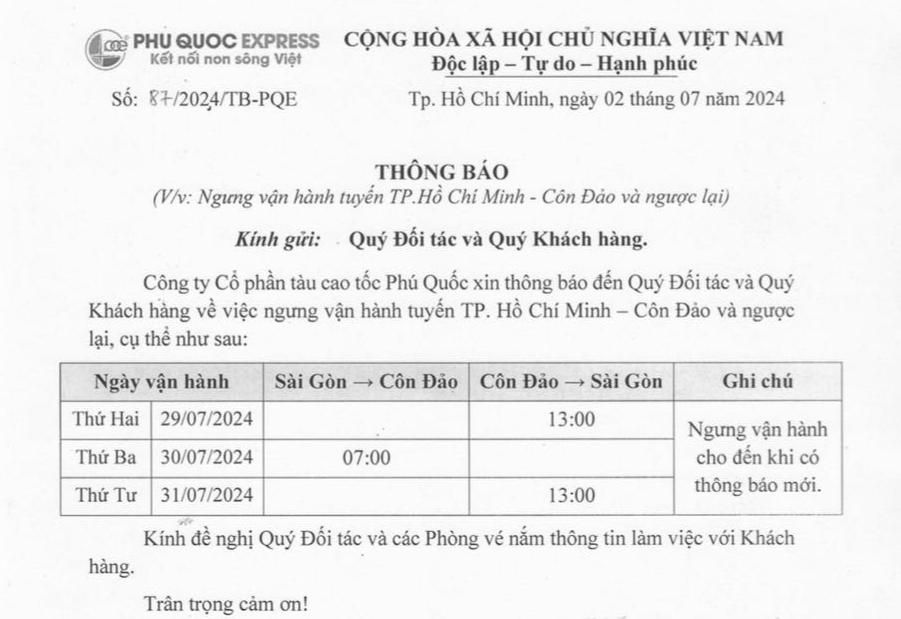 Tạm dừng tuyến t&agrave;u cao tốc TP.HCM - C&ocirc;n Đảo từ 29/7- Ảnh 1.