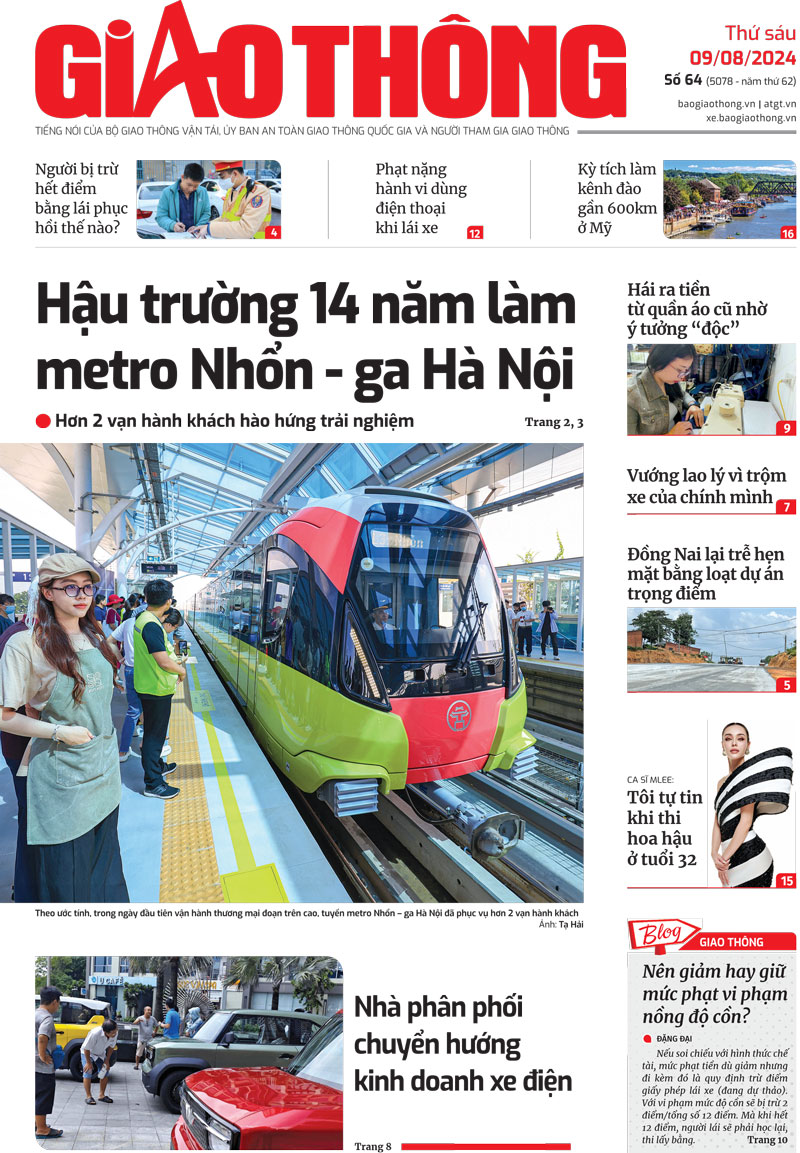 Trang nhất B&aacute;o Giao th&ocirc;ng số 64 ra ng&agrave;y 9/8/2024.