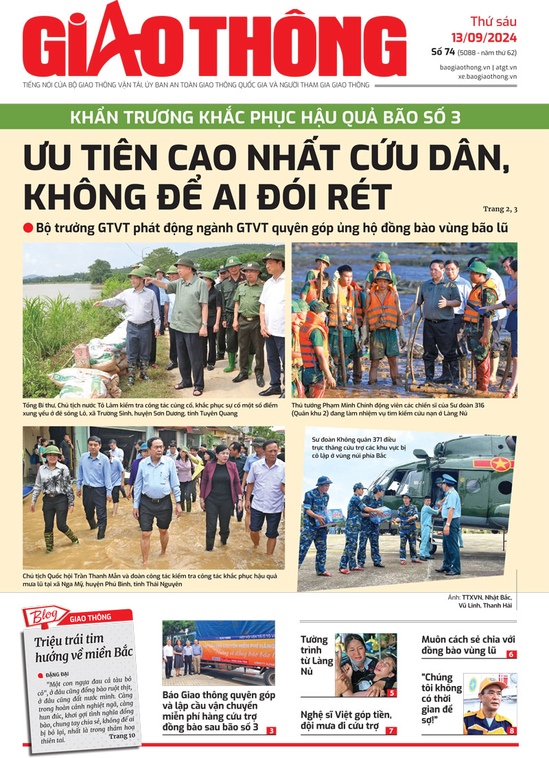 Trang nhất Báo Giao thông số 74 ra ngày 13/9/2024. Trang nhất Báo Giao thông số 74 ra ngày 13/9/2024.