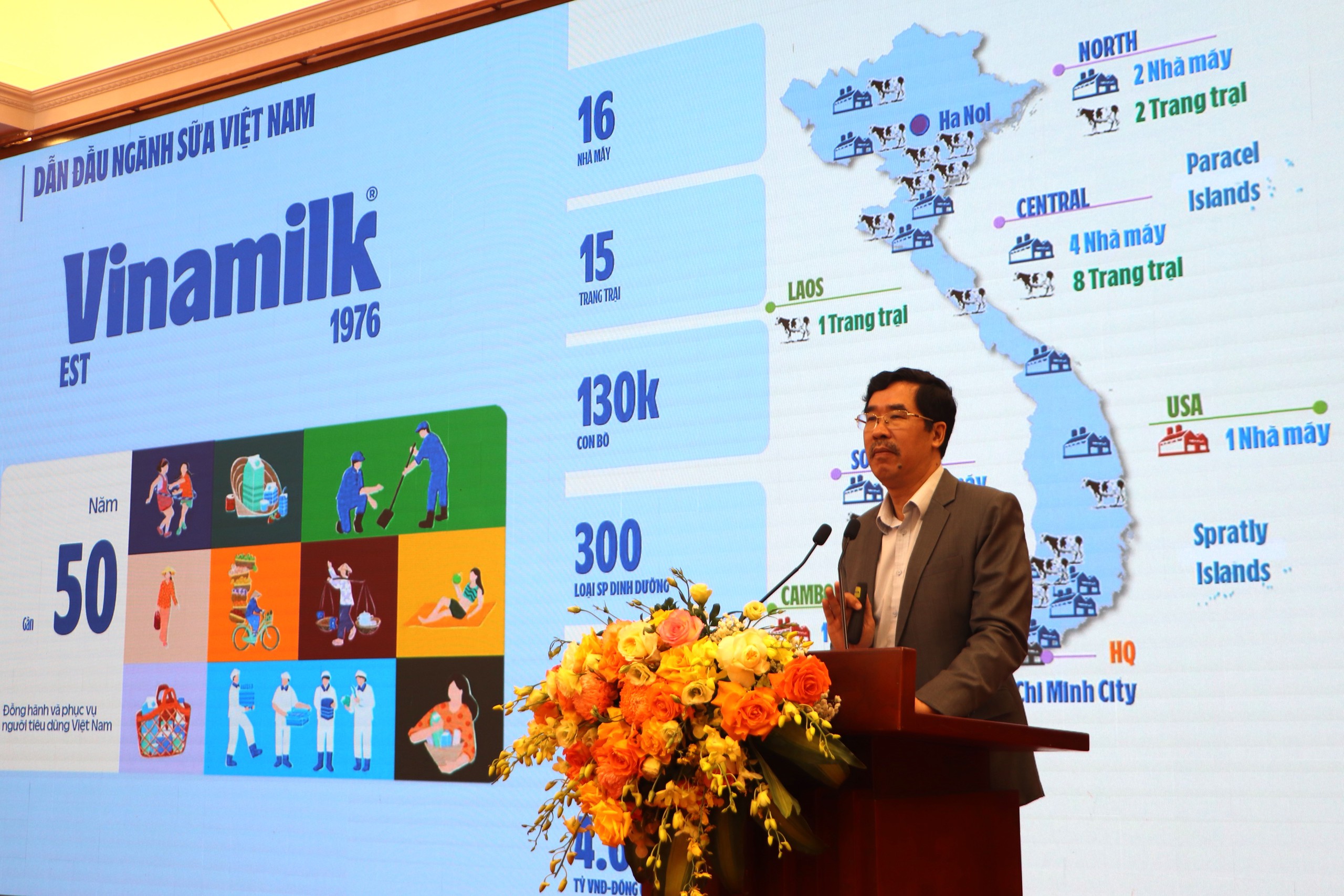 &Ocirc;ng Nguyễn Quốc Kh&aacute;nh &ndash; Gi&aacute;m đốc Điều h&agrave;nh Nghi&ecirc;n cứu v&agrave; Ph&aacute;t triển Vinamilk, tr&igrave;nh b&agrave;y việc ứng dụng c&ocirc;ng nghệ định danh v&agrave; truy xuất nguồn gốc cho sản phẩm Vinamilk. Ảnh: Vi Nam