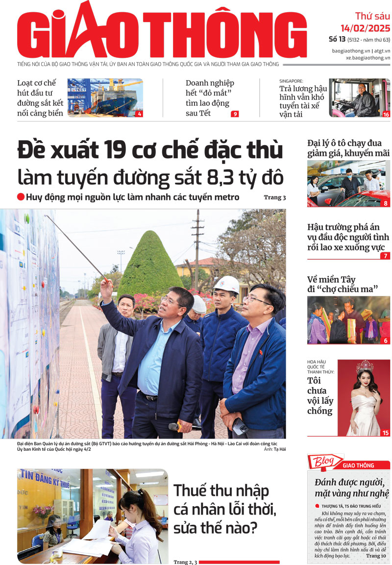 Trang nhất B&aacute;o Giao th&ocirc;ng số 13 ra ng&agrave;y 14/2/2025.