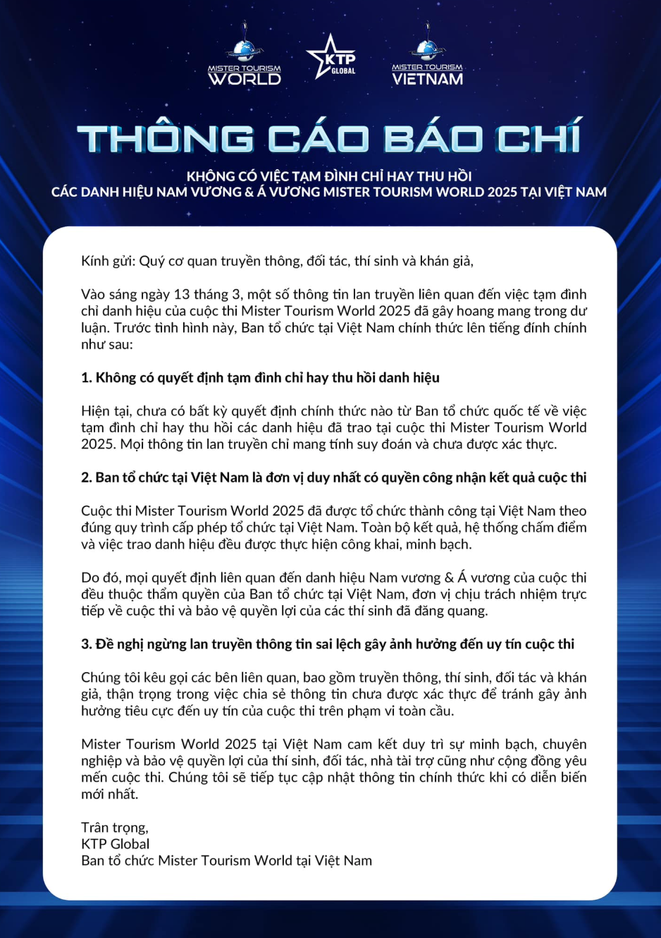 Ban tổ chức Mister Tourism World 2025 tại Việt Nam b&aacute;c bỏ th&ocirc;ng tin tước danh hiệu- Ảnh 2.