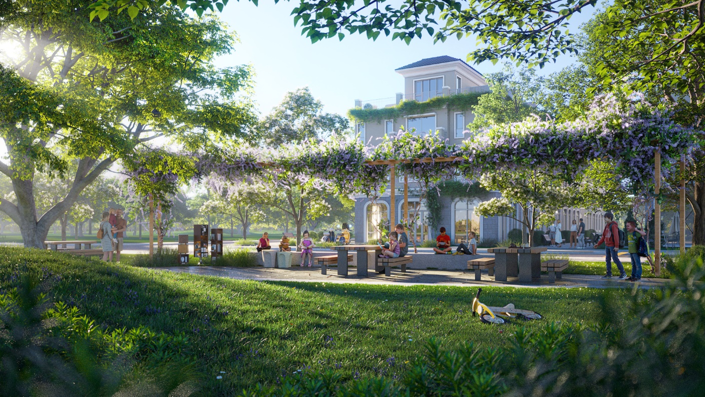 A group of people sitting on benches in a park  Description automatically generated