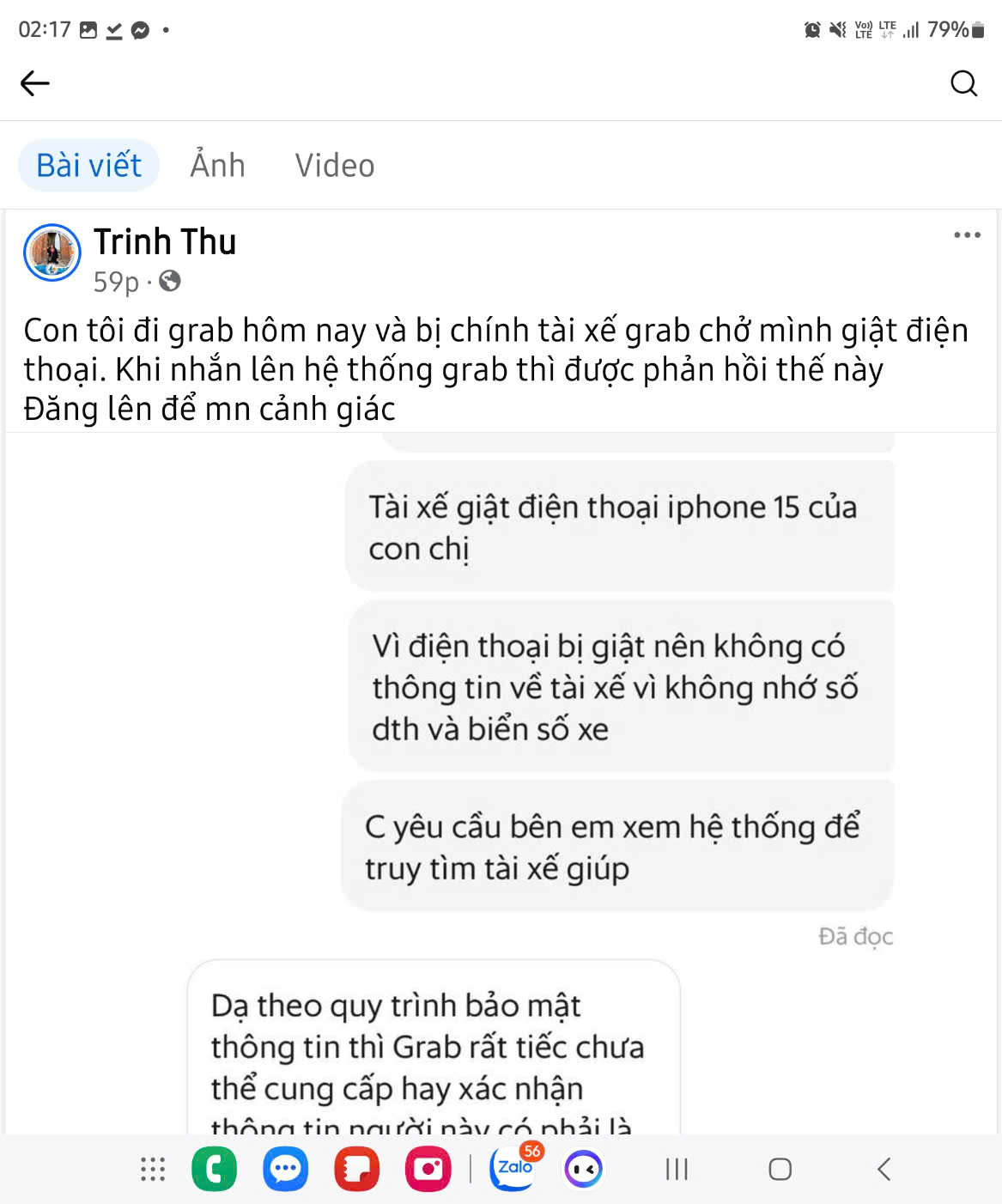 Kh&aacute;ch h&agrave;ng phản &aacute;nh bị ch&iacute;nh t&agrave;i xế c&ocirc;ng nghệ chở m&igrave;nh giật mất điện thoại- Ảnh 1.